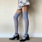 Blue Thigh High Hold-up Rose Pattern Fishnet Stockings with Lace Trim - stockings