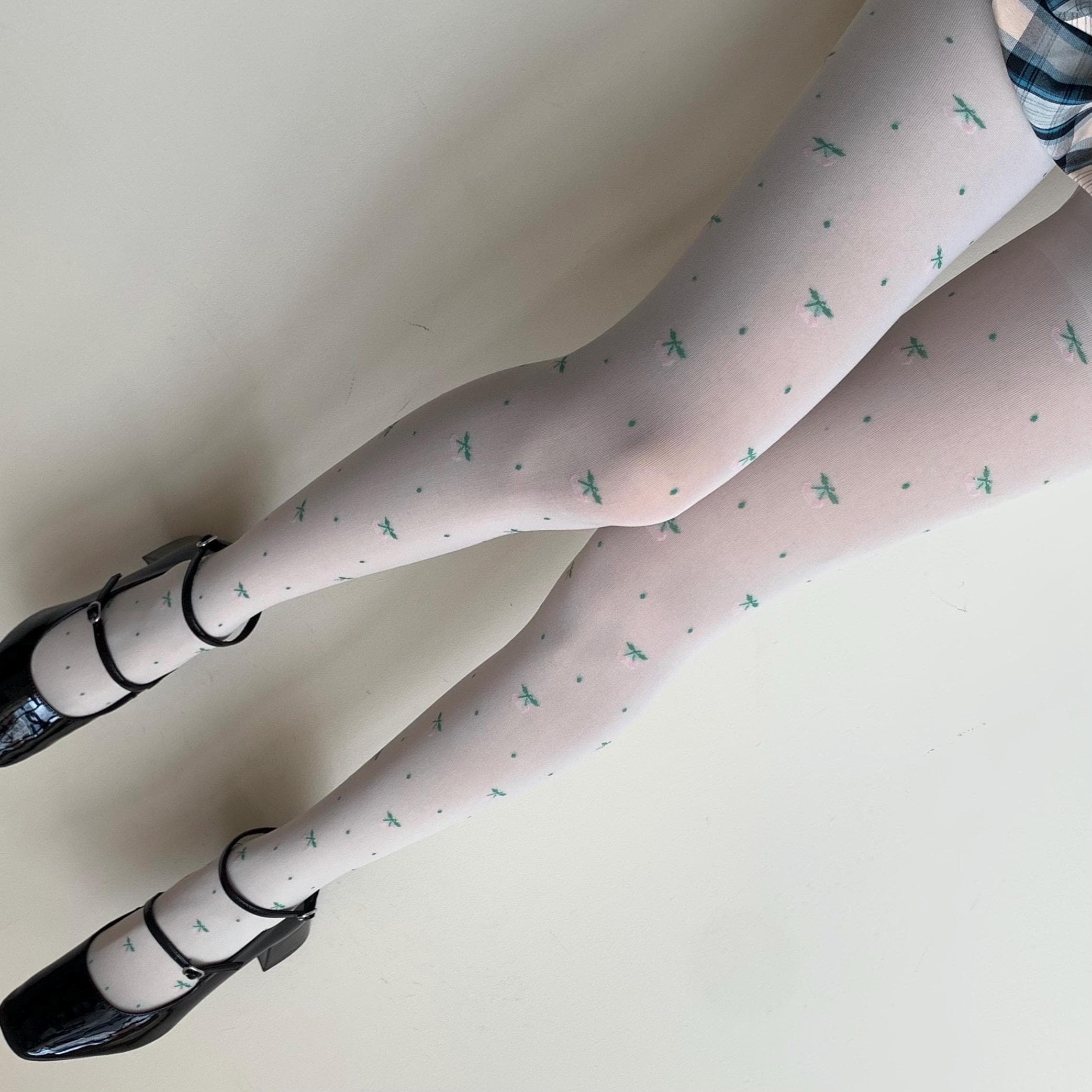 Cream White Velvet Tights with Pink Cherry Print 120D