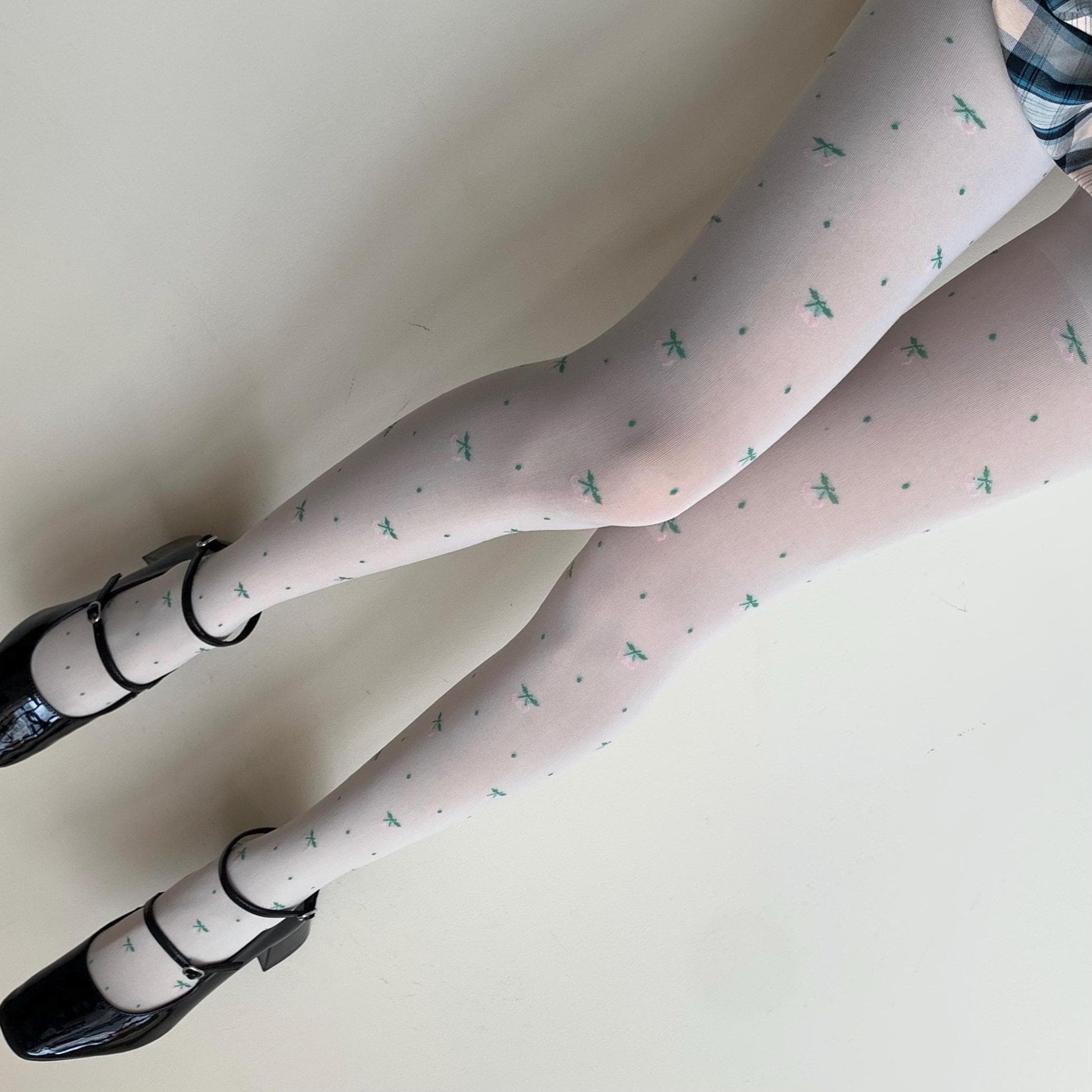 Cream White Velvet Tights with Pink Cherry Print 120D