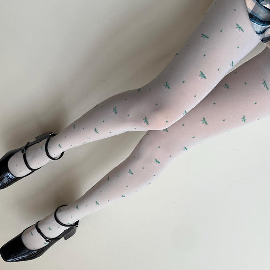 Cream White Velvet Tights with Pink Cherry Print 120D