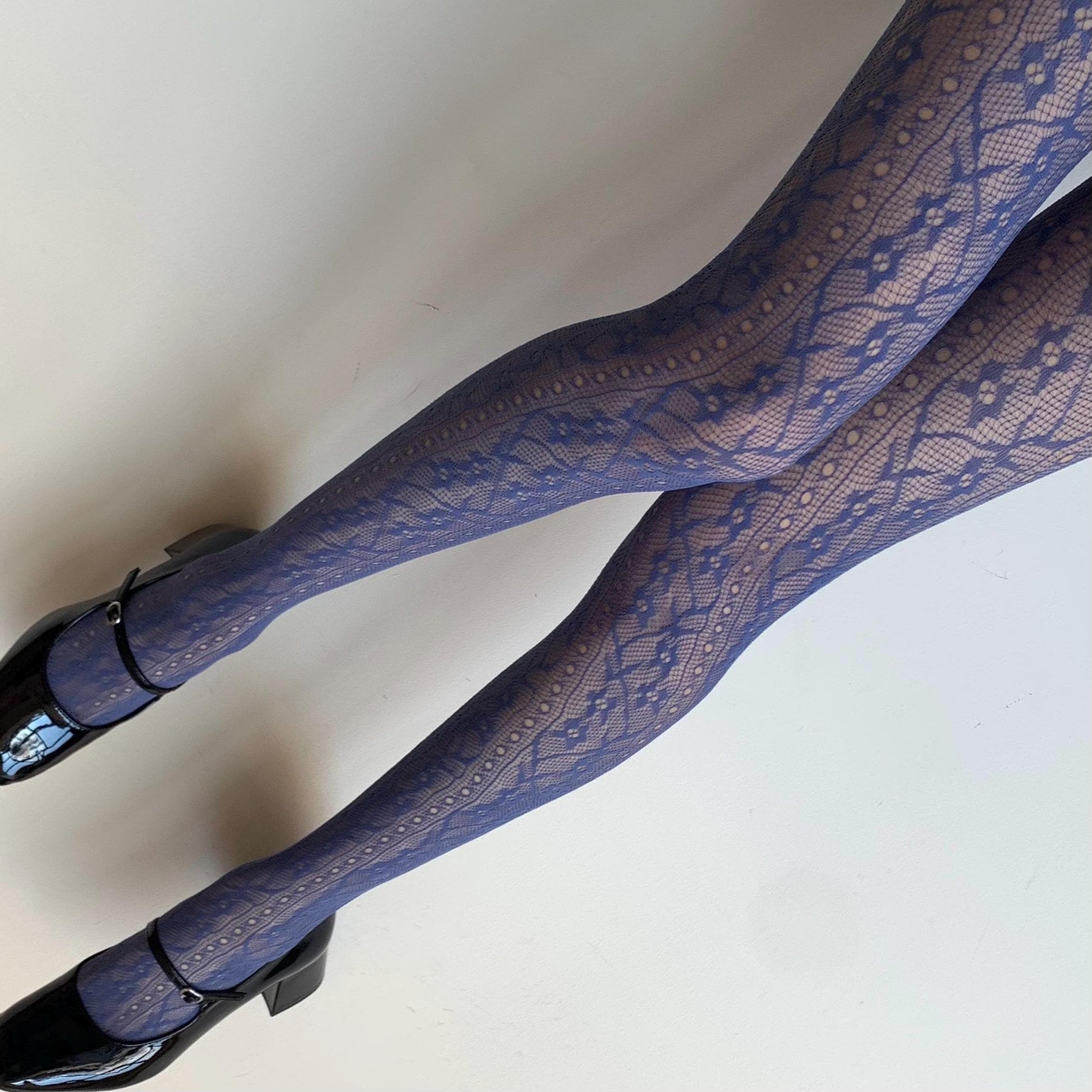 Blue Floral Vine Patterned Fishnet Tights