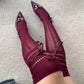 Burgundy Diamond Fishnet Knee High Socks with Adjustable Lace Bow Tie - stockings