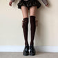 Brown Knee-high Cotton Socks with Ruffle Trim & Side Ribbon Ties - One size / Brown - stockings