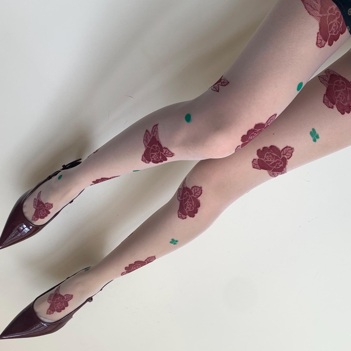 White Sheer Tights with Embroidered Roses & Green Leaves - tights
