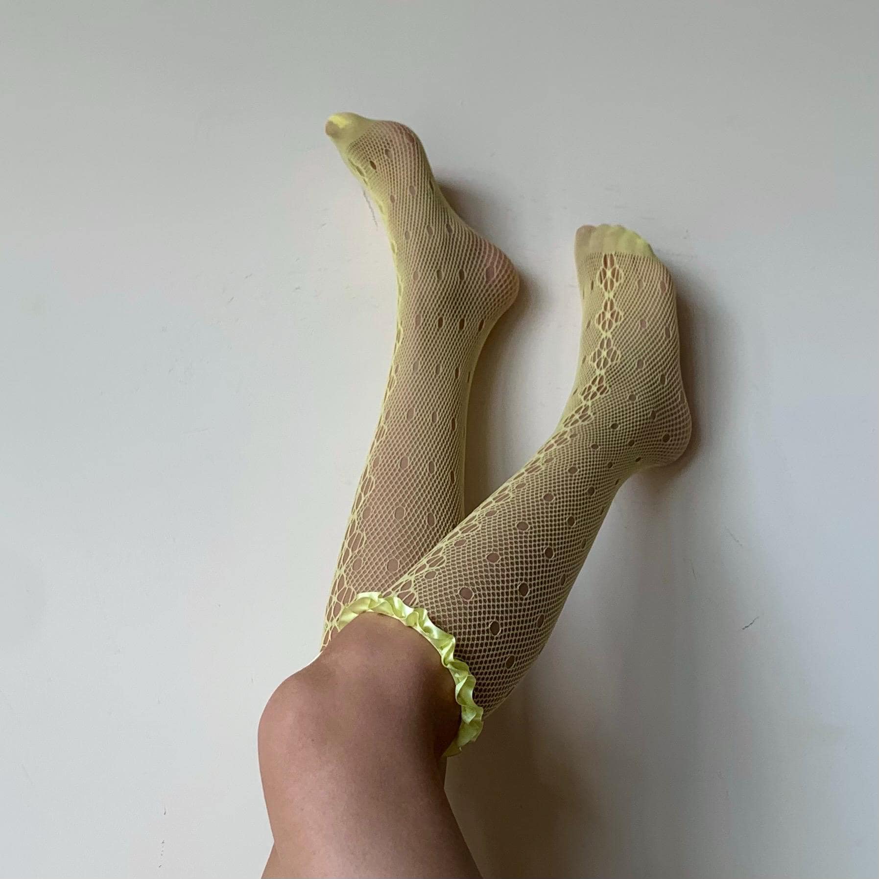 Yellow Floral Knee High Fishnet Socks with Satin Frilled Trim - socks