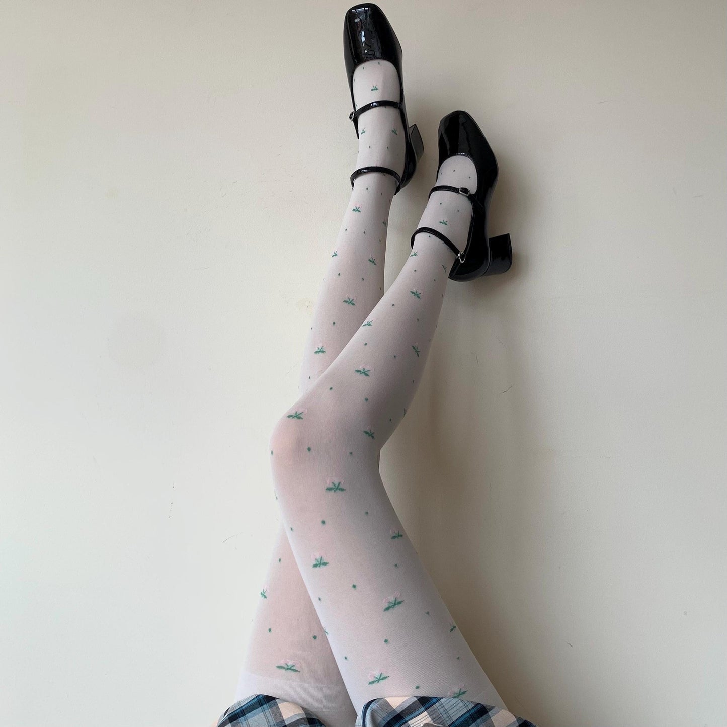 Cream White Velvet Tights with Pink Cherry Print 120D