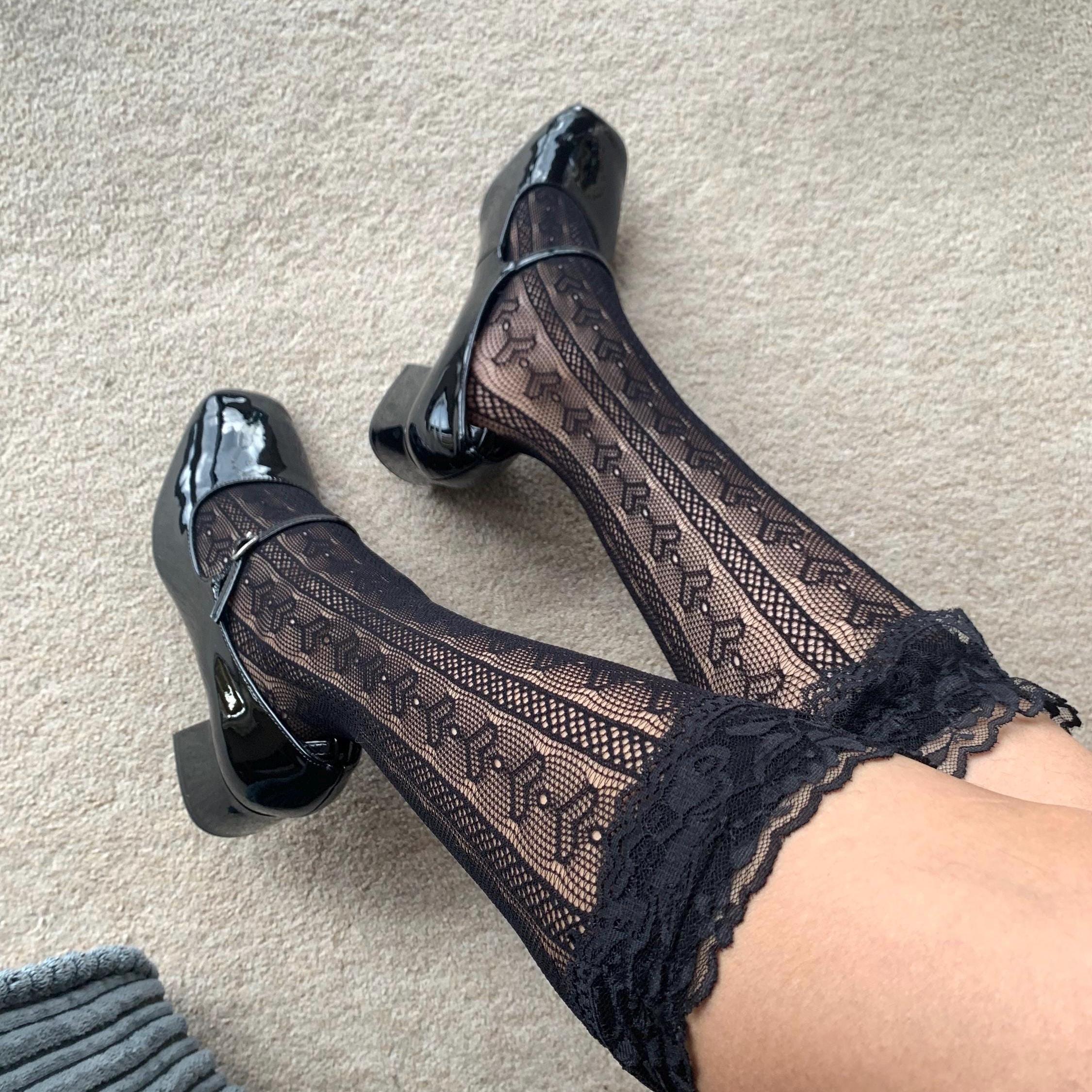 Black Heart Striped Fishnet Knee-High Socks with Frilled Trim - socks
