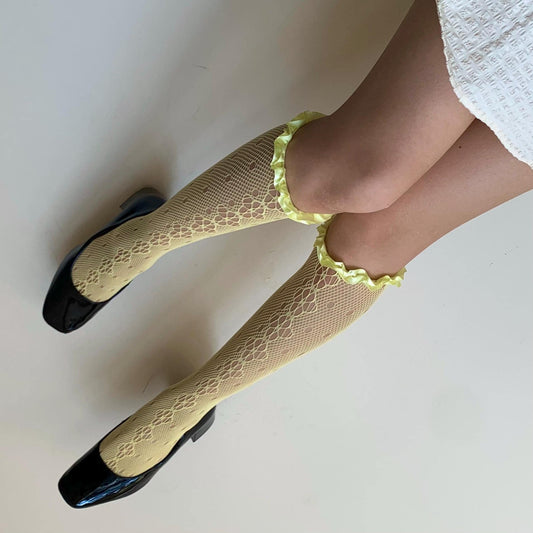 Yellow Floral Knee High Fishnet Socks with Satin Frilled Trim - socks