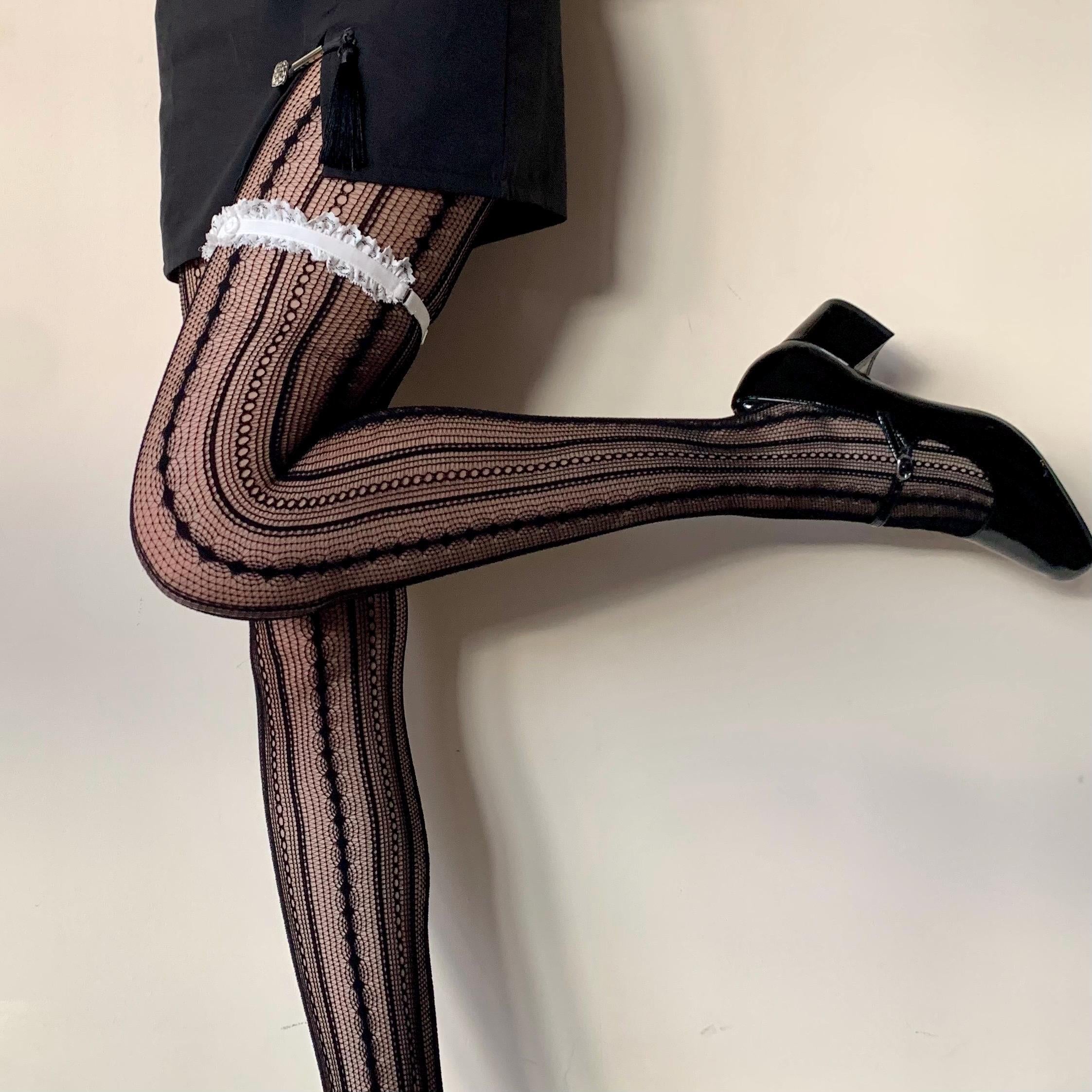 Black Geometric Striped Fishnet Tights