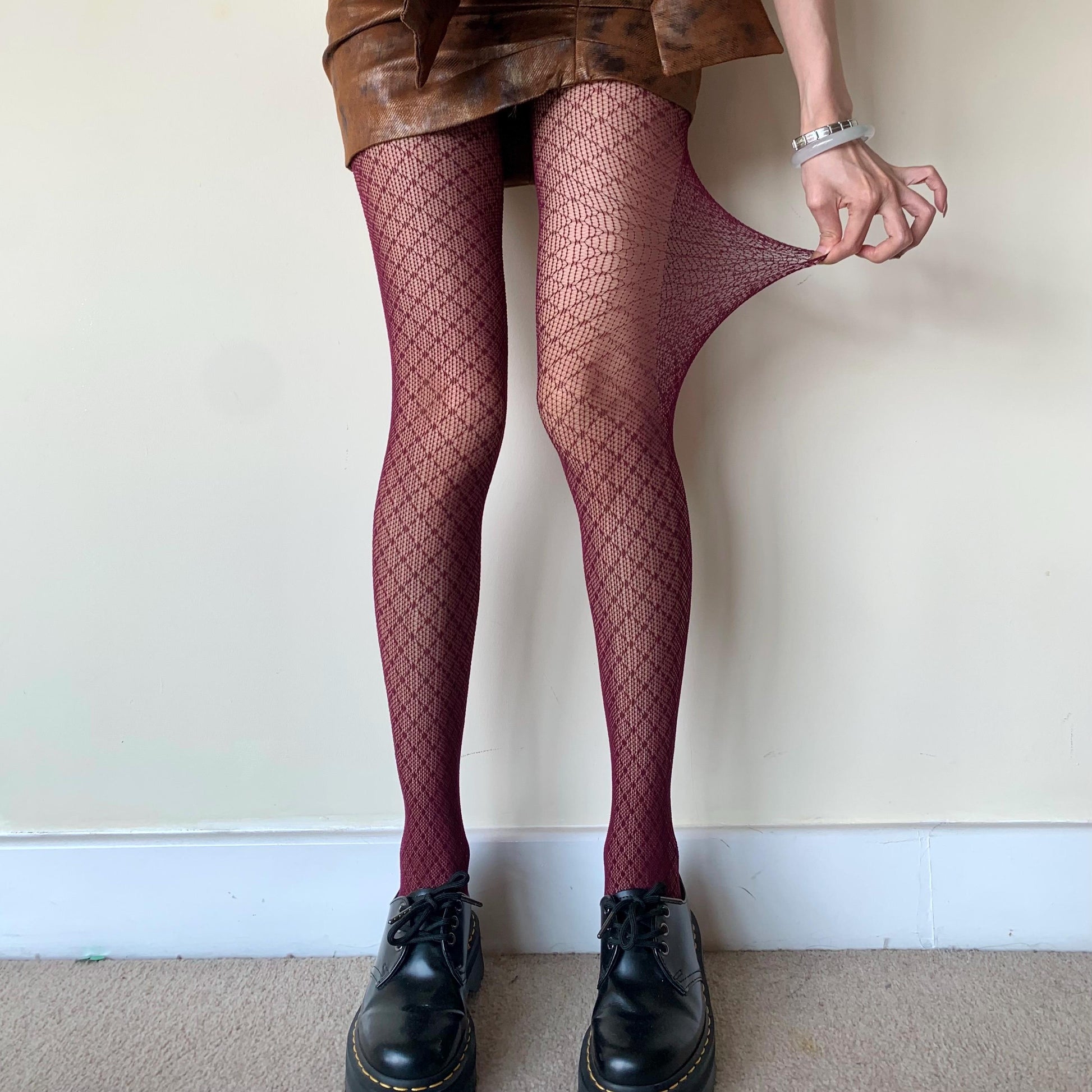 Burgundy Red Crisscross Fishnet Tights