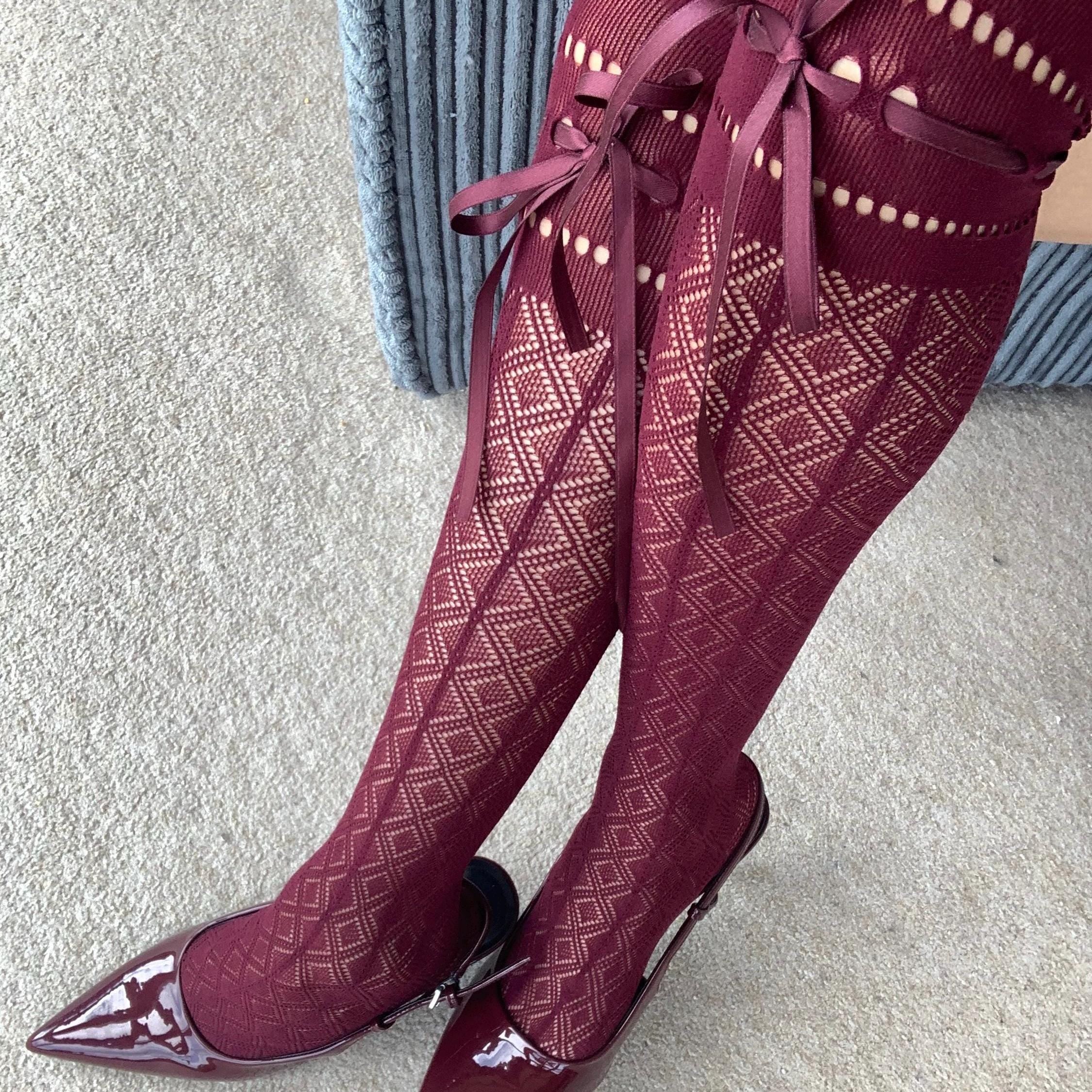 Burgundy Diamond Fishnet Knee High Socks with Adjustable Lace Bow Tie - stockings