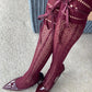 Burgundy Diamond Fishnet Knee High Socks with Adjustable Lace Bow Tie - stockings