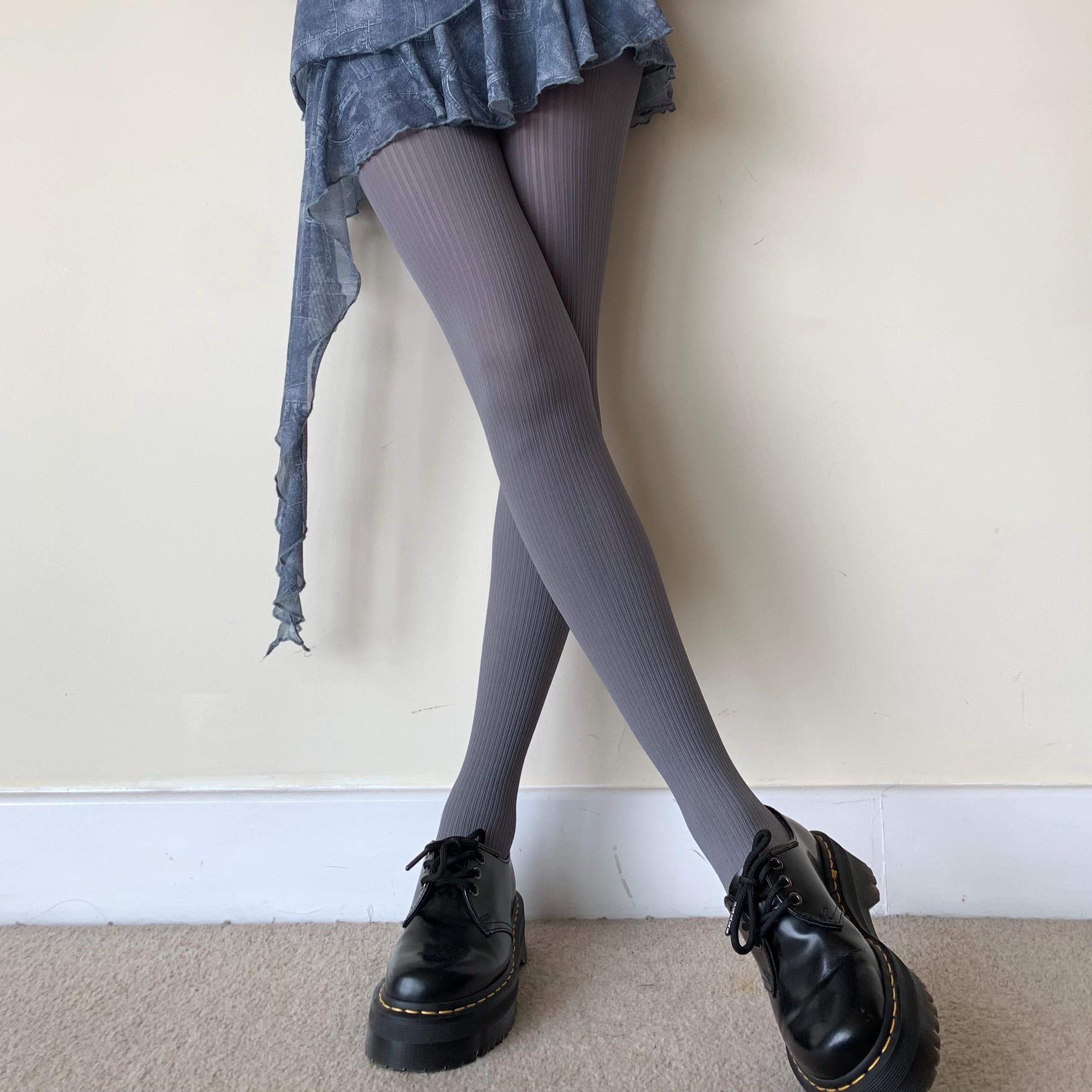 Blue Grey Ribbed Velvet Opaque Tights