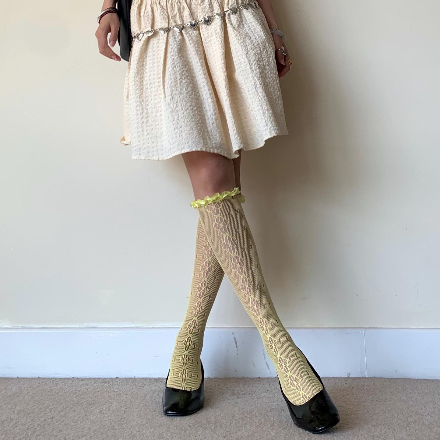 Yellow Floral Knee High Fishnet Socks with Satin Frilled Trim - socks