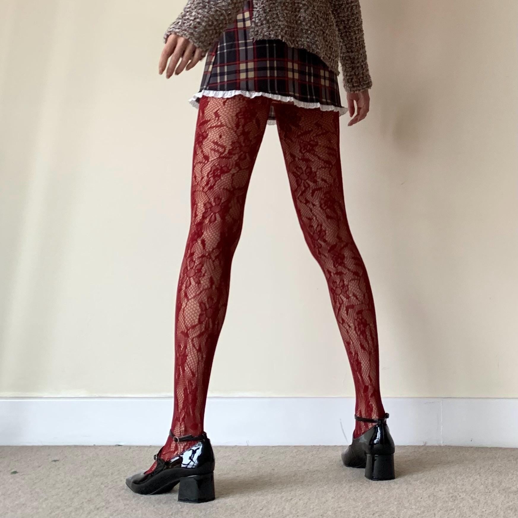 Burgundy Flora Fishnet Tights - Red / One size