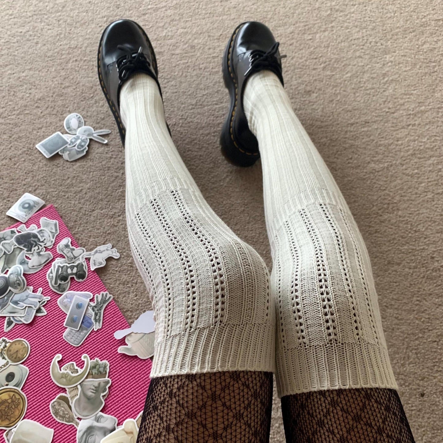 Cream Thigh-high Ribbed Cotton Socks - socks