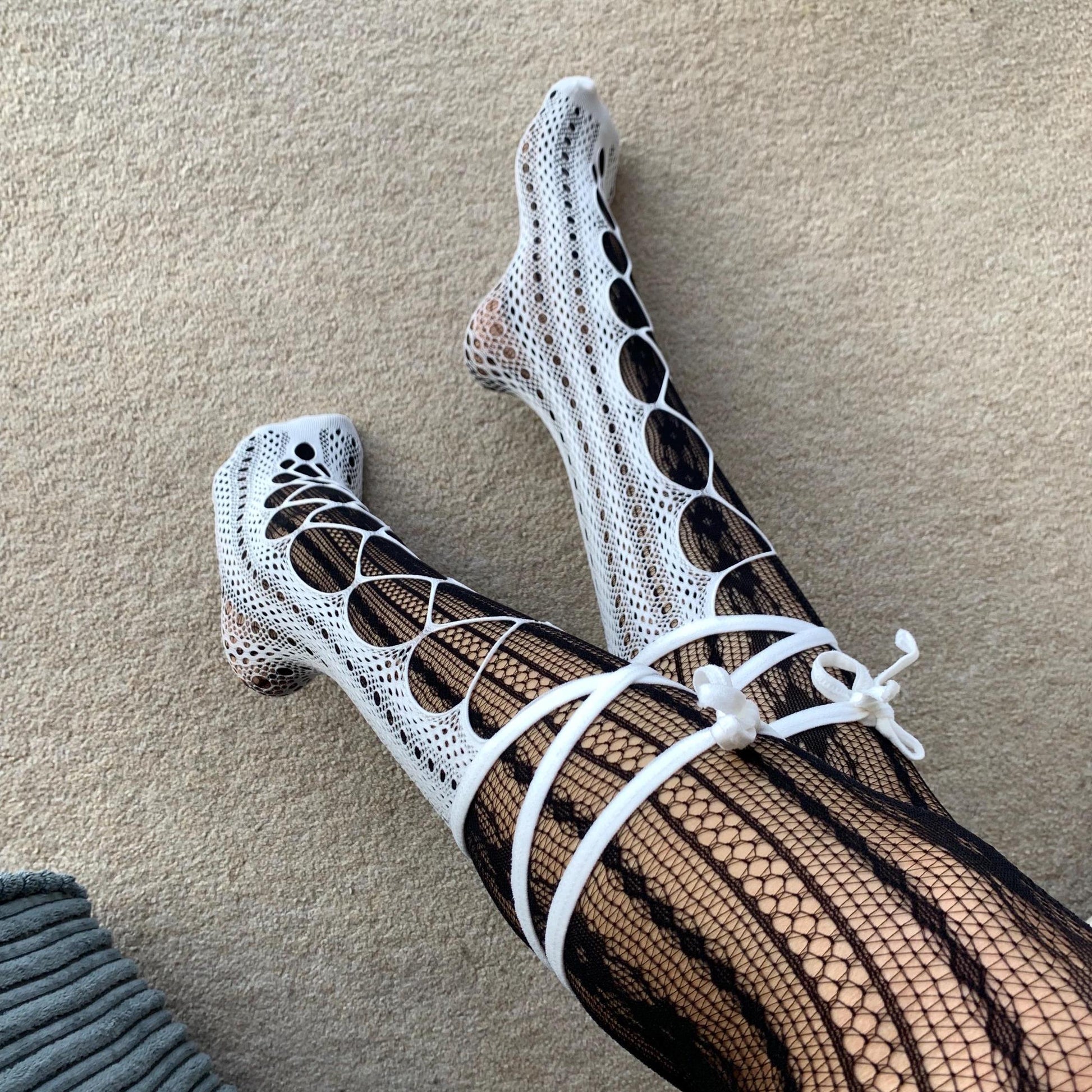 White Lace-Up Fishnet Socks with Adjustable Ribbon Straps - socks