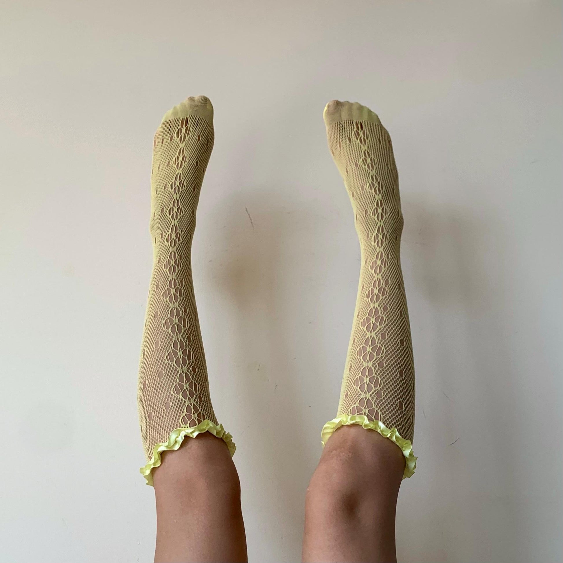 Yellow Floral Knee High Fishnet Socks with Satin Frilled Trim - socks