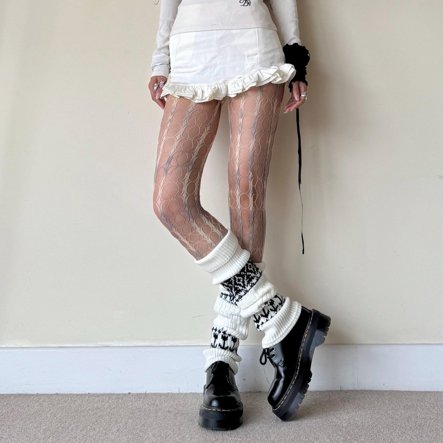 White Fair Isle Wool Knit Leg Warmers
