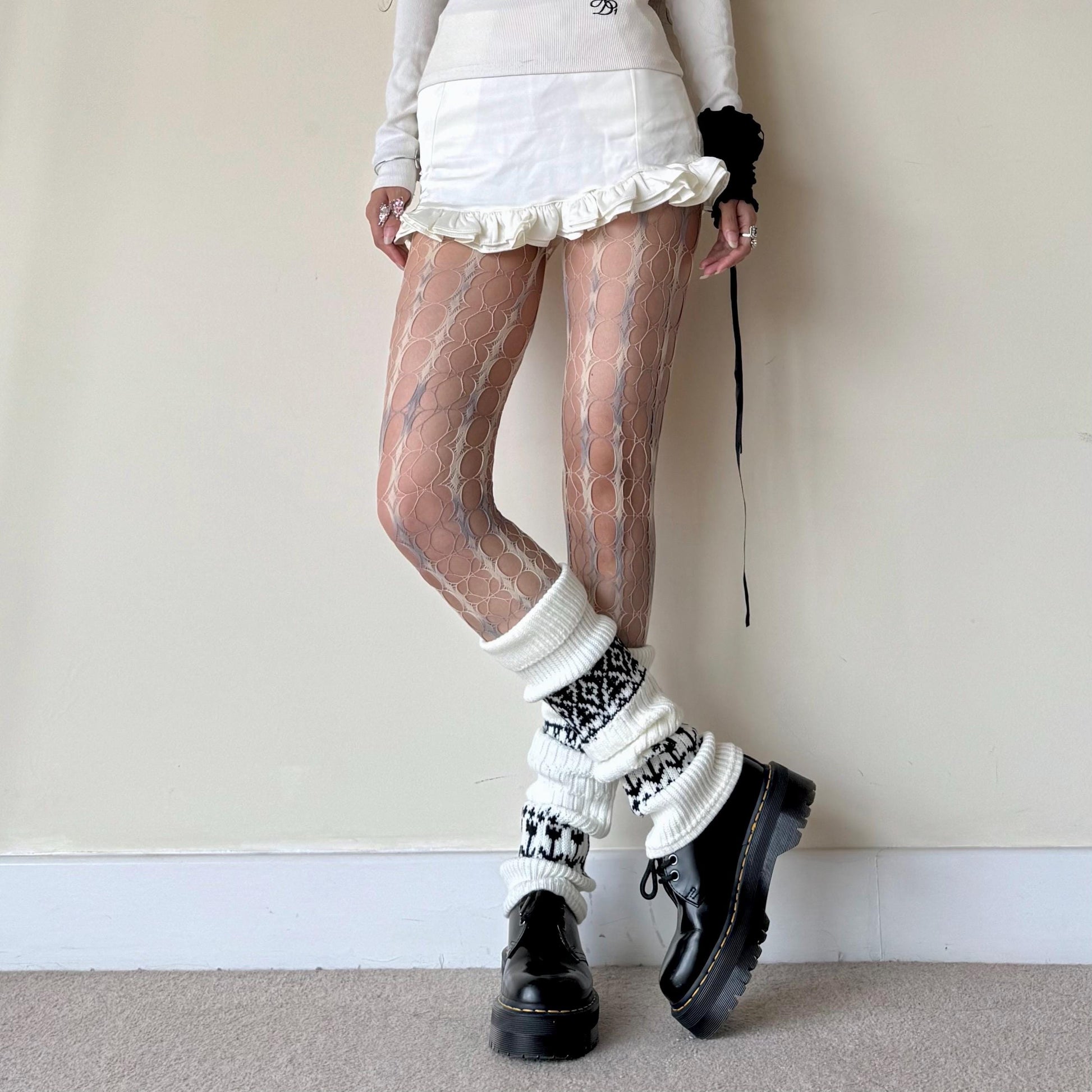 White Fair Isle Wool Knit Leg Warmers