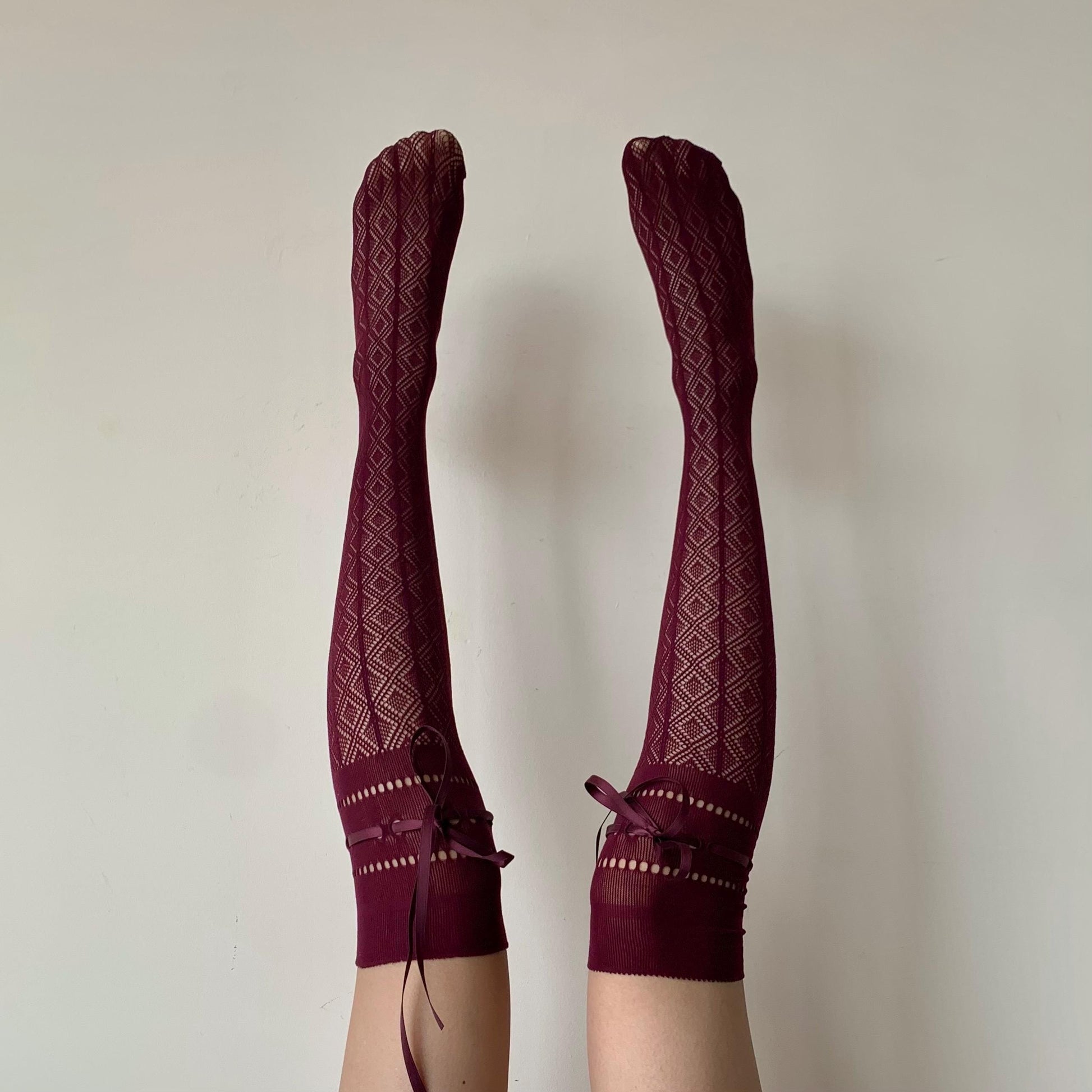 Burgundy Diamond Fishnet Knee High Socks with Adjustable Lace Bow Tie - stockings