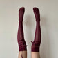 Burgundy Diamond Fishnet Knee High Socks with Adjustable Lace Bow Tie - stockings