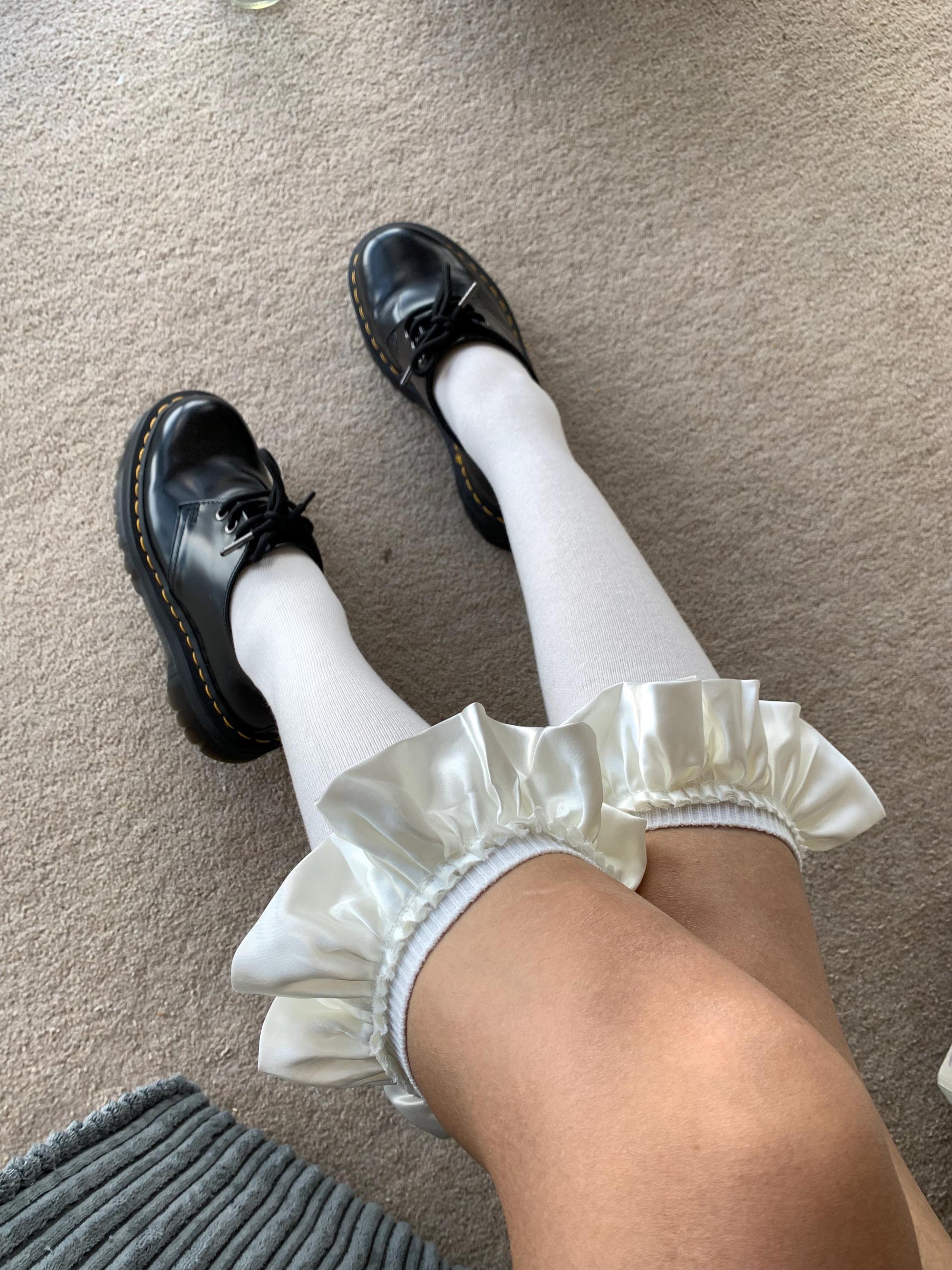 White Cotton Knee High Socks with Satin Ruffle - socks