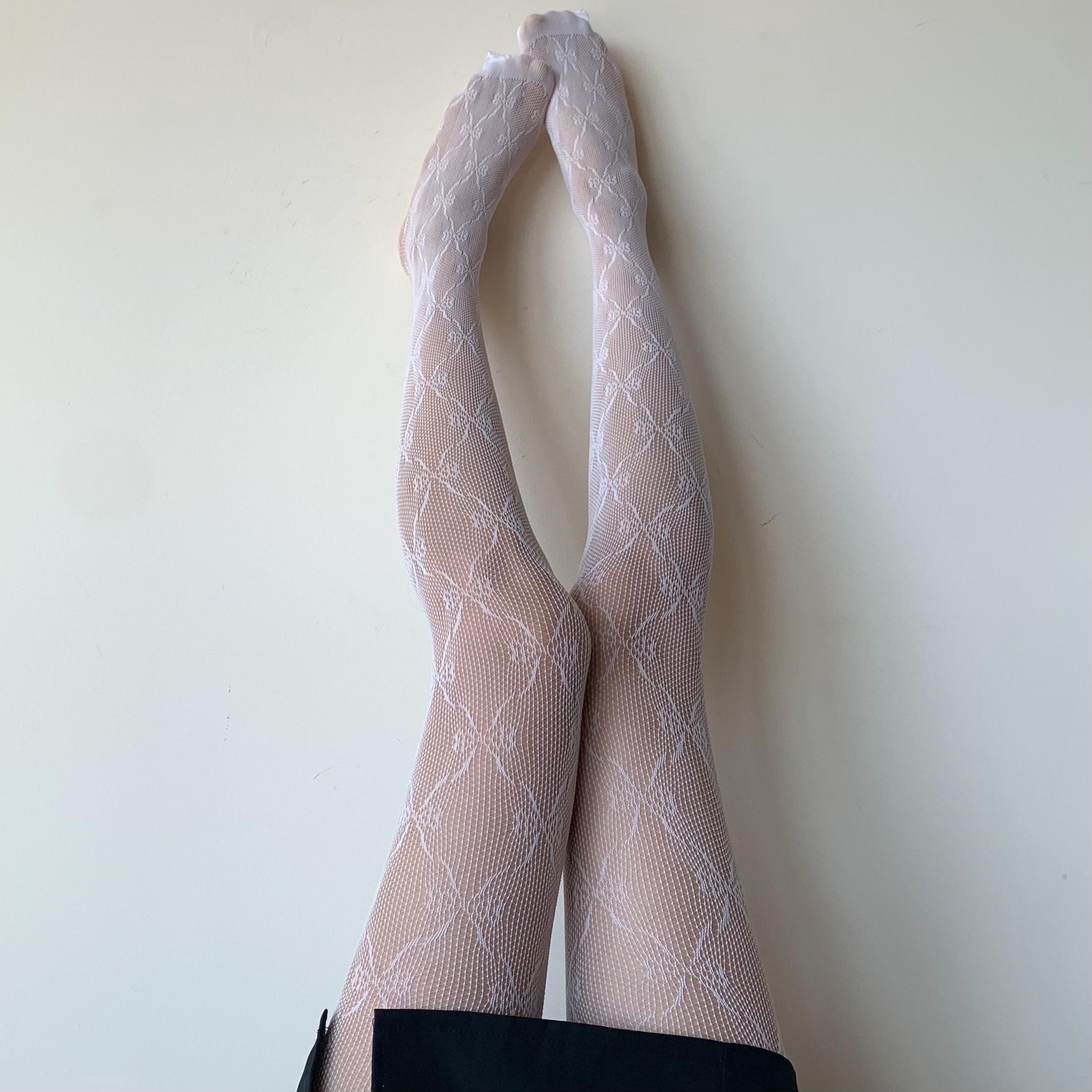 White Ribbon Bow Fishnet Tights - tights