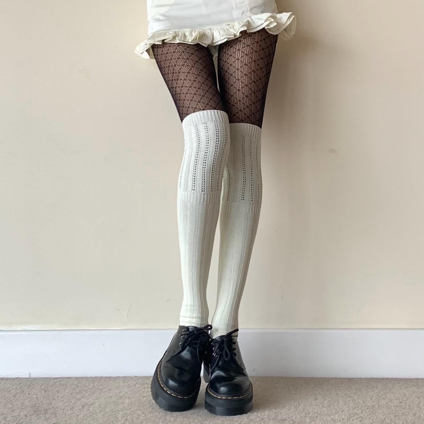 Cream Thigh-high Ribbed Cotton Socks - socks
