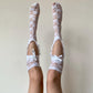 White Floral Knee-High Lace Socks with Heart Cutout Detail
