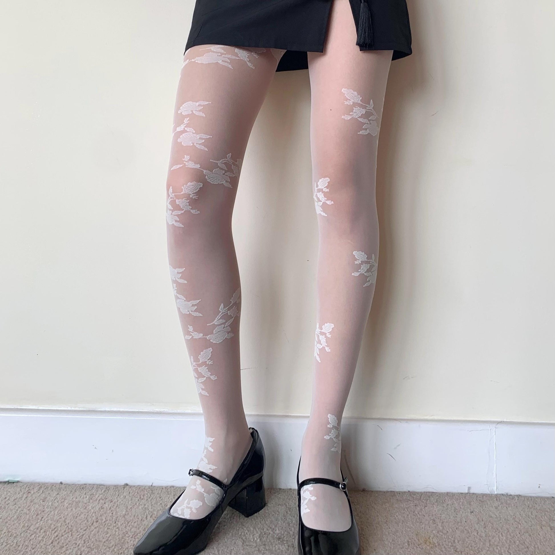Cream White Rose Sheer Velvet Tights - tights