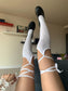 White Knee-High Socks with Lace Tie - One size / White