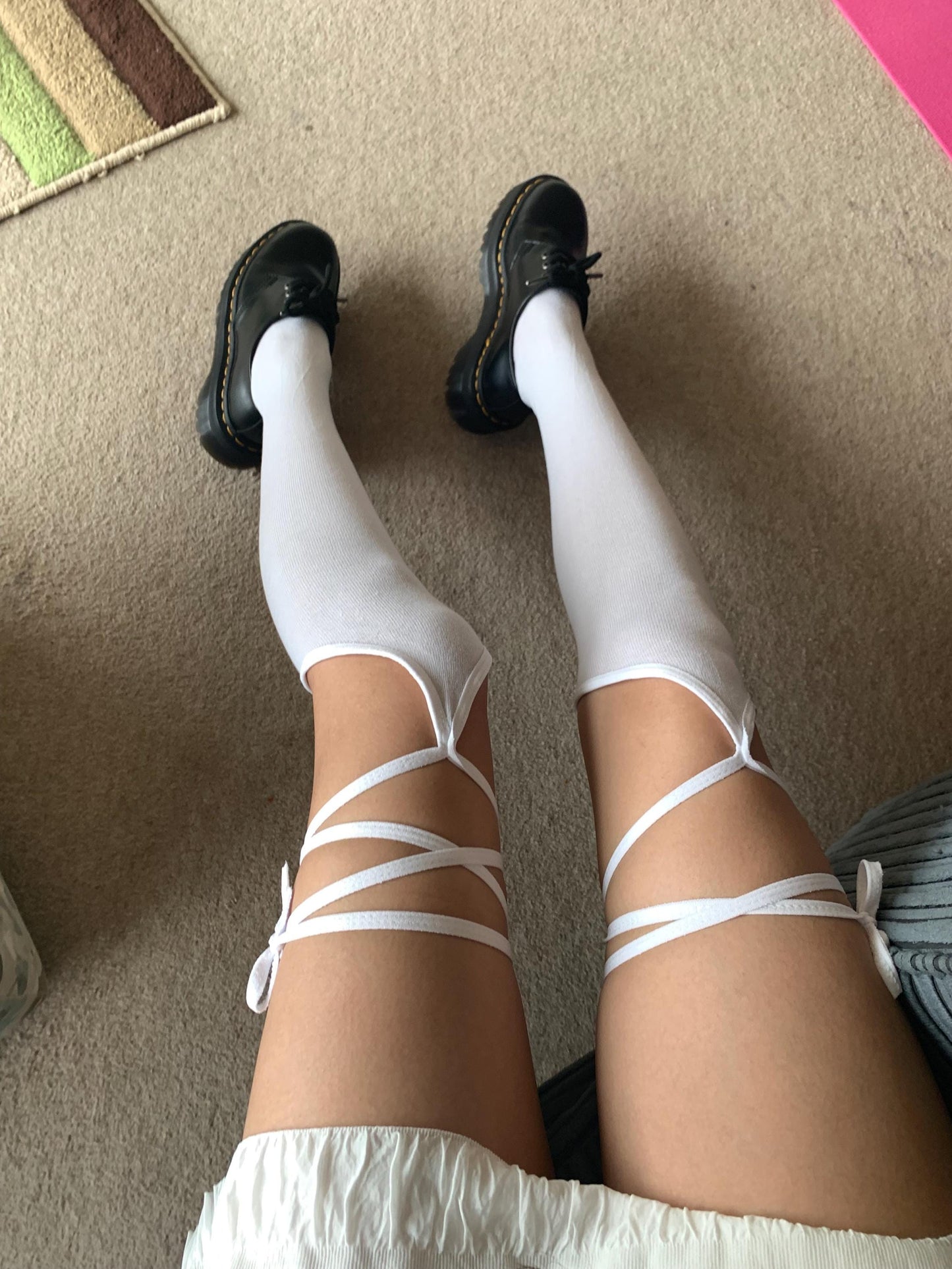 White Knee-High Socks with Lace Tie - One size / White