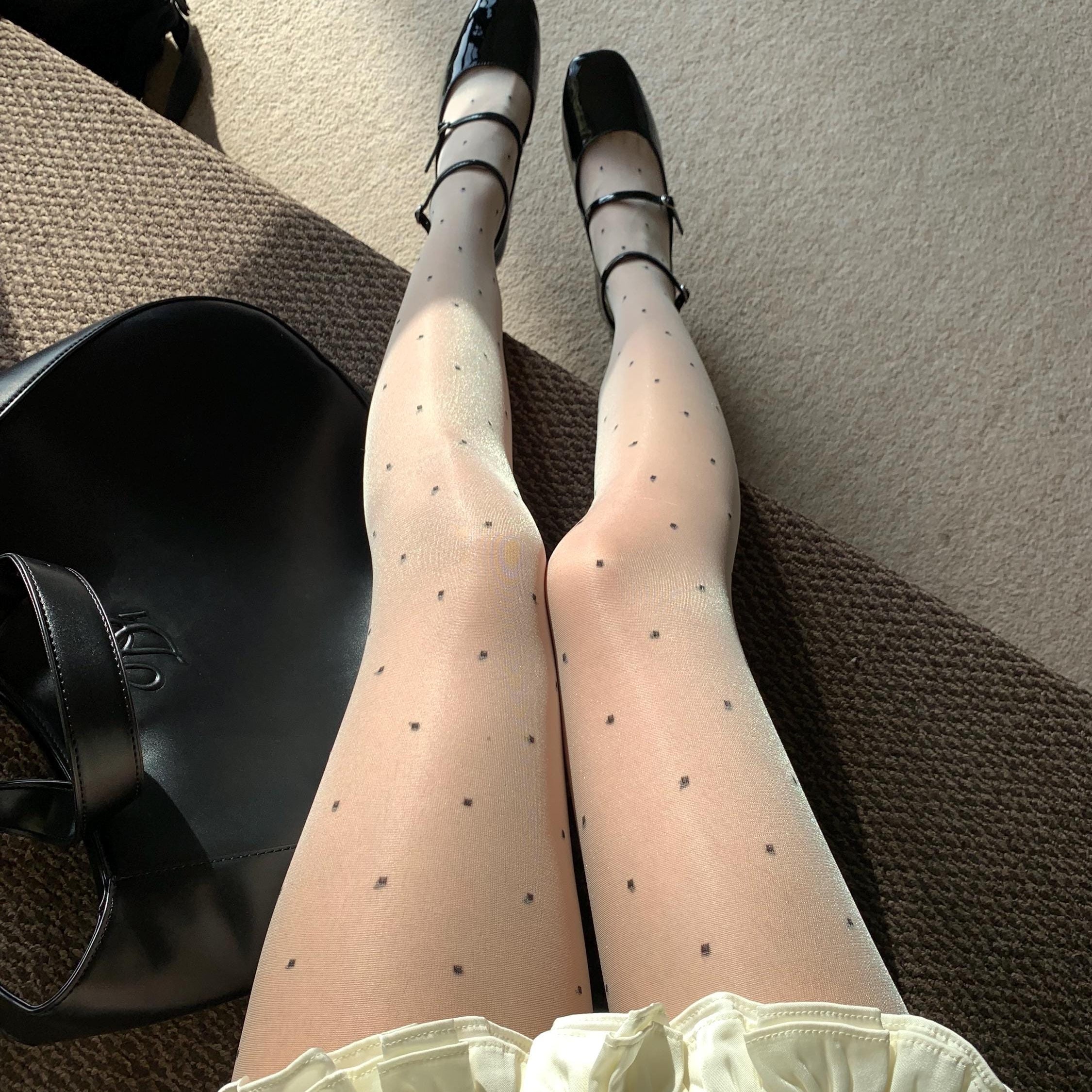 Cream White Sheer Lace Polka Dots Tights - Cream