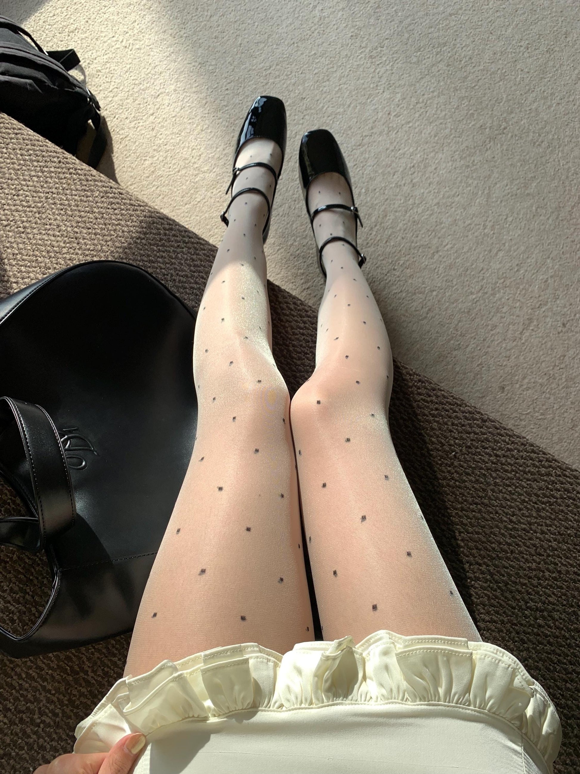 Cream White Sheer Lace Polka Dots Tights - Cream