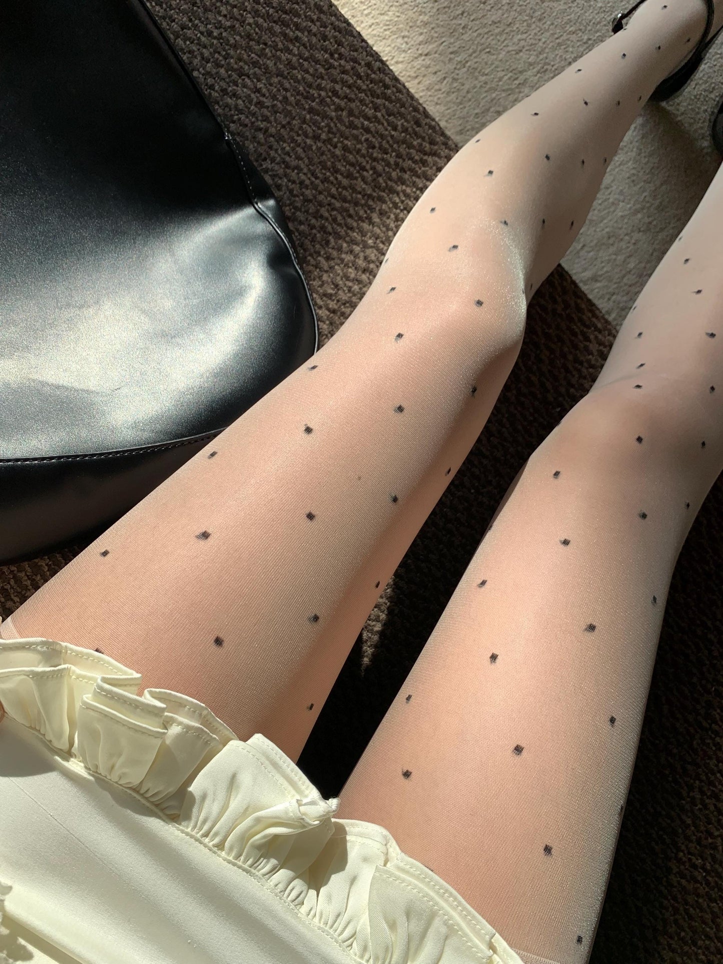 Cream White Sheer Lace Polka Dots Tights - Cream