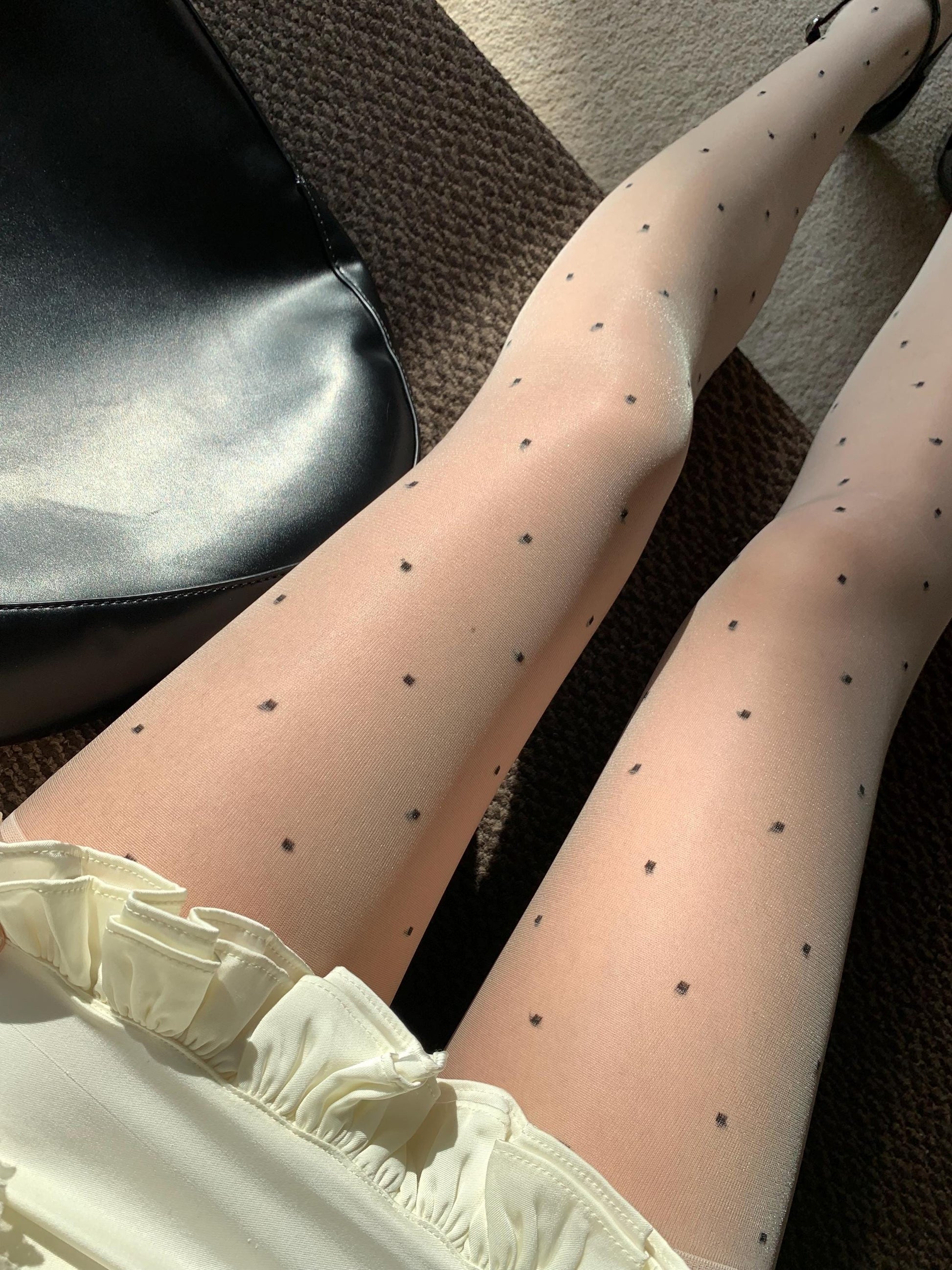Cream White Sheer Lace Polka Dots Tights - Cream