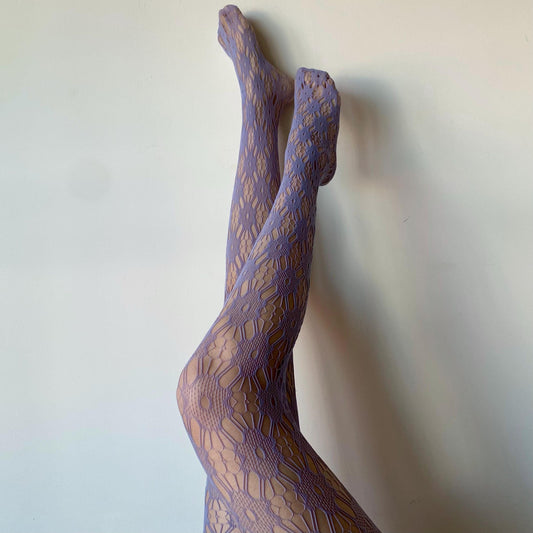Lilac Purple Sakura Floral Pattern Fishnet Tights