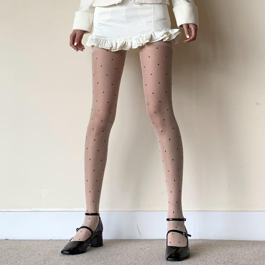 Cream White Sheer Lace Polka Dots Tights - Cream