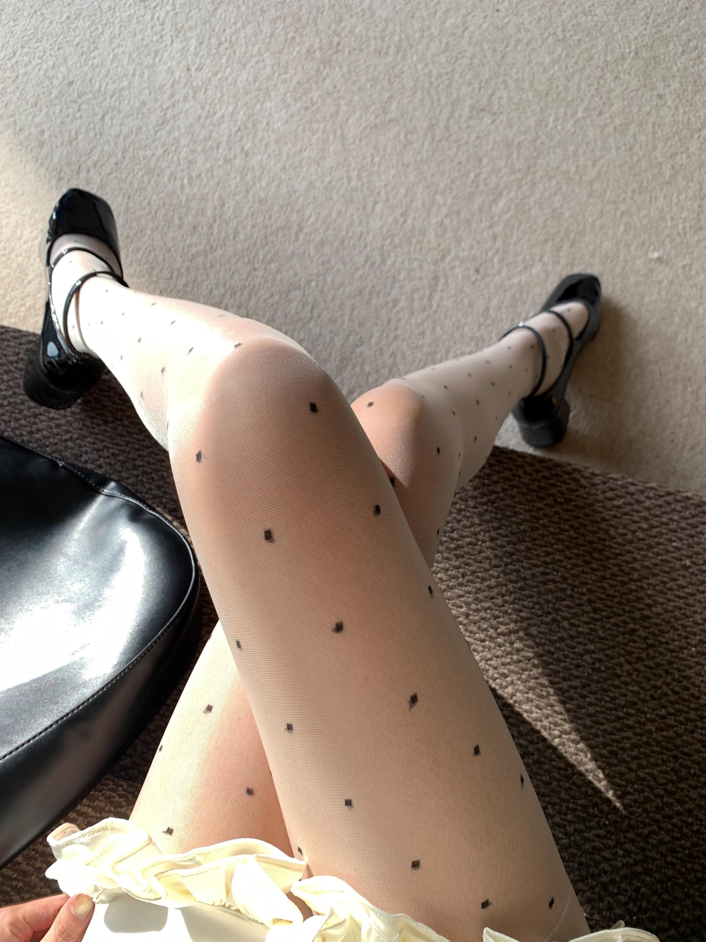 Cream White Sheer Lace Polka Dots Tights - Cream