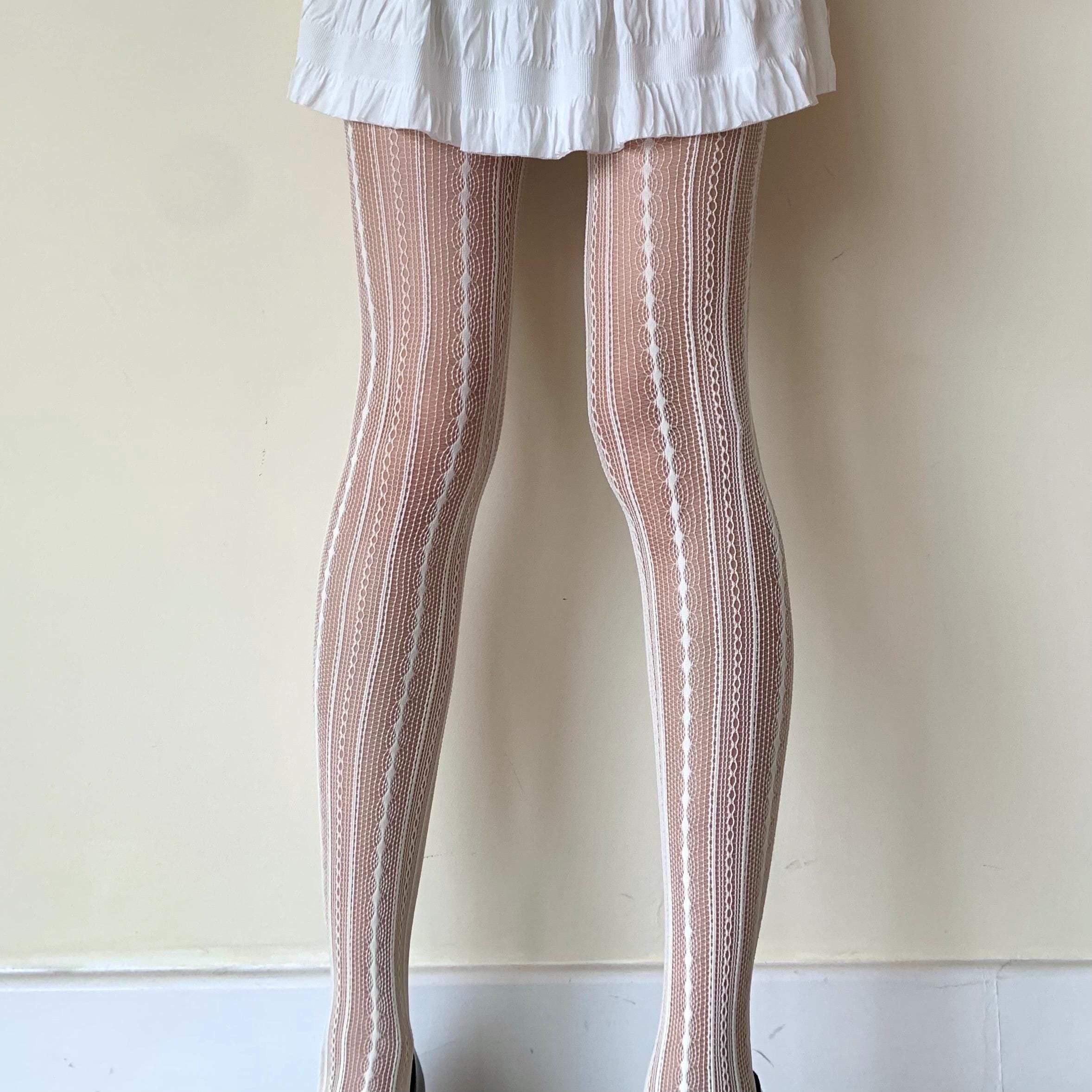 White Cream Stripped Fishnet Tights - Unique Geometric Pattern Fishnet Pantyhose - Y2K Pantyhose - Balletcore &
