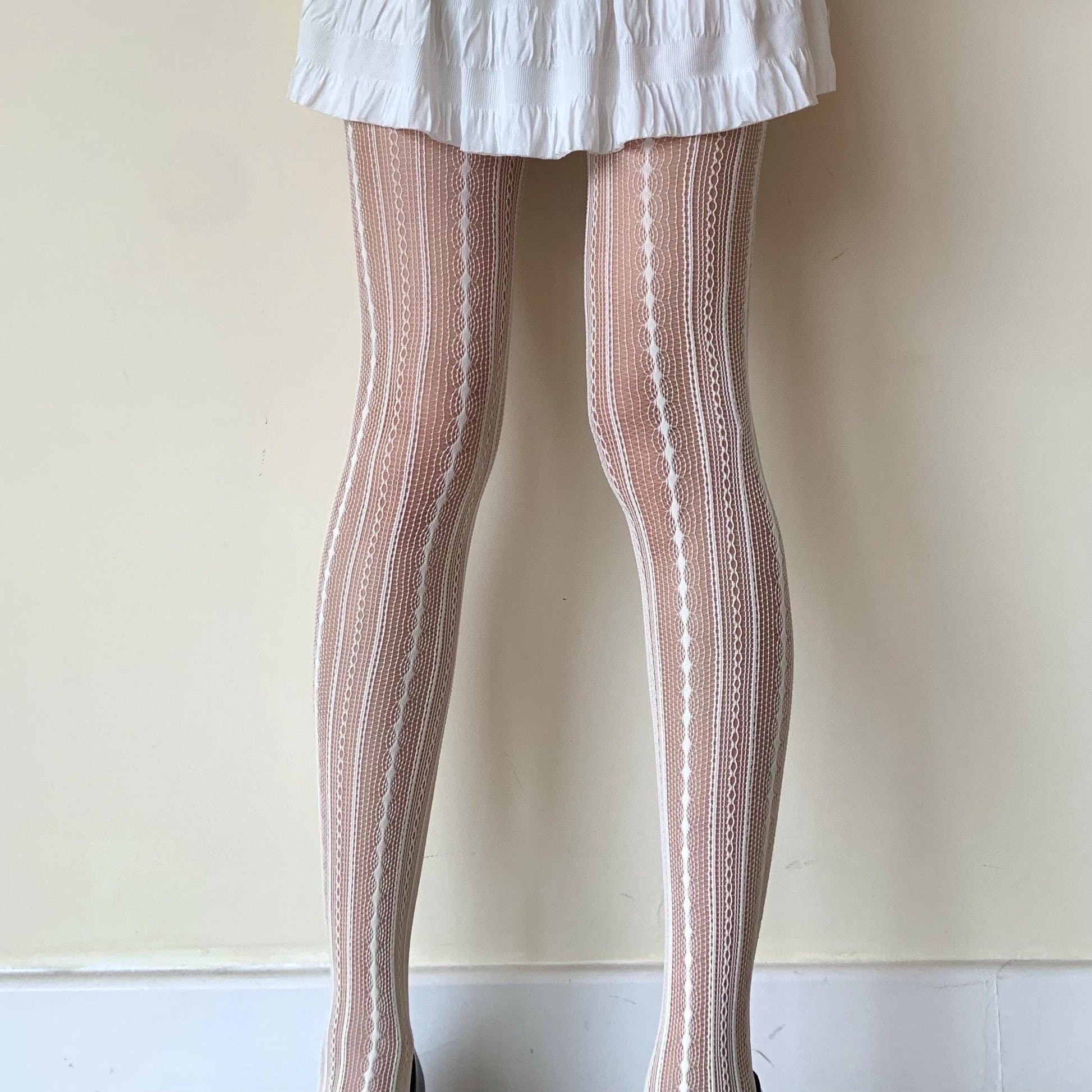 White Cream Stripped Fishnet Tights - Unique Geometric Pattern Fishnet Pantyhose - Y2K Pantyhose - Balletcore &