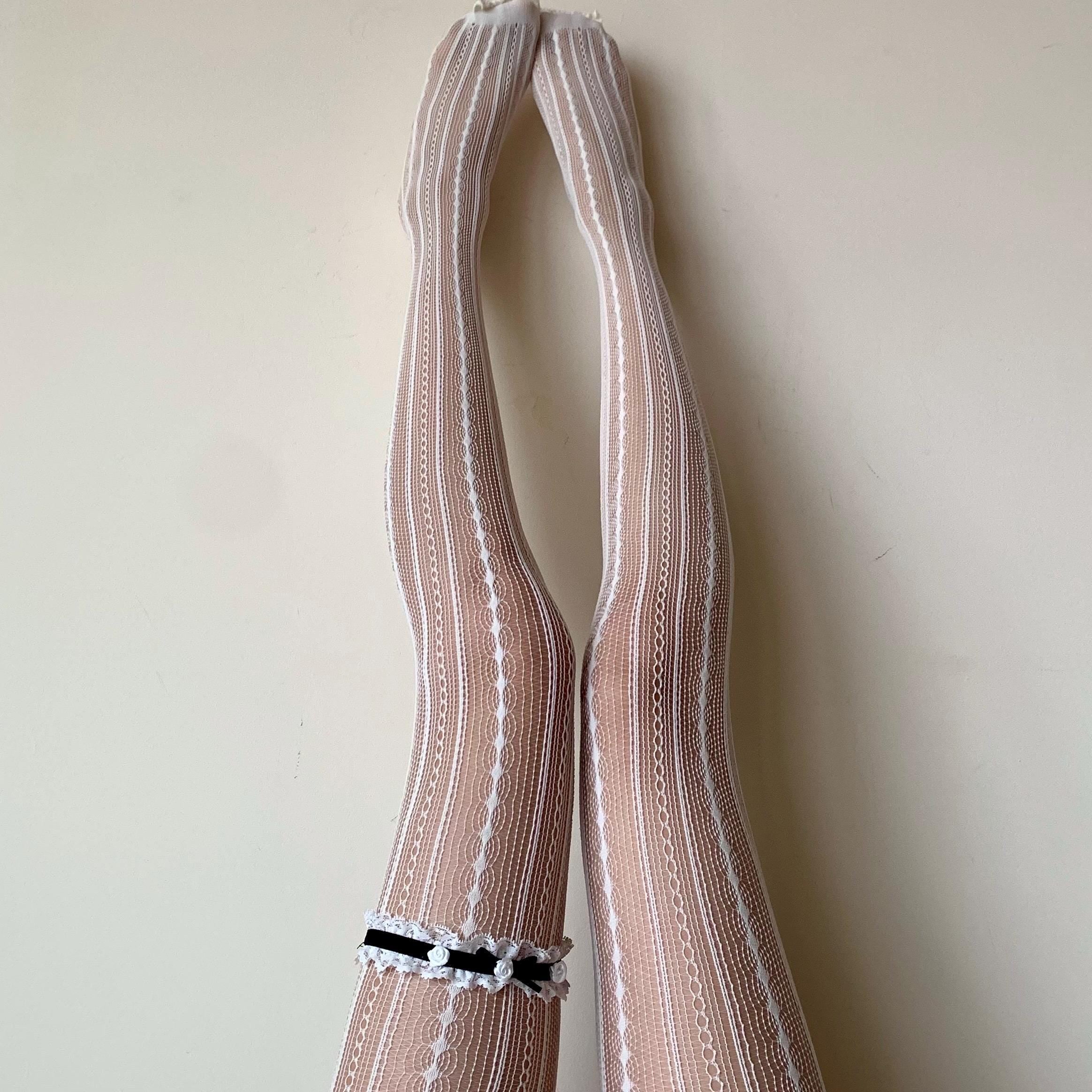 White Cream Stripped Fishnet Tights - Unique Geometric Pattern Fishnet Pantyhose - Y2K Pantyhose - Balletcore &