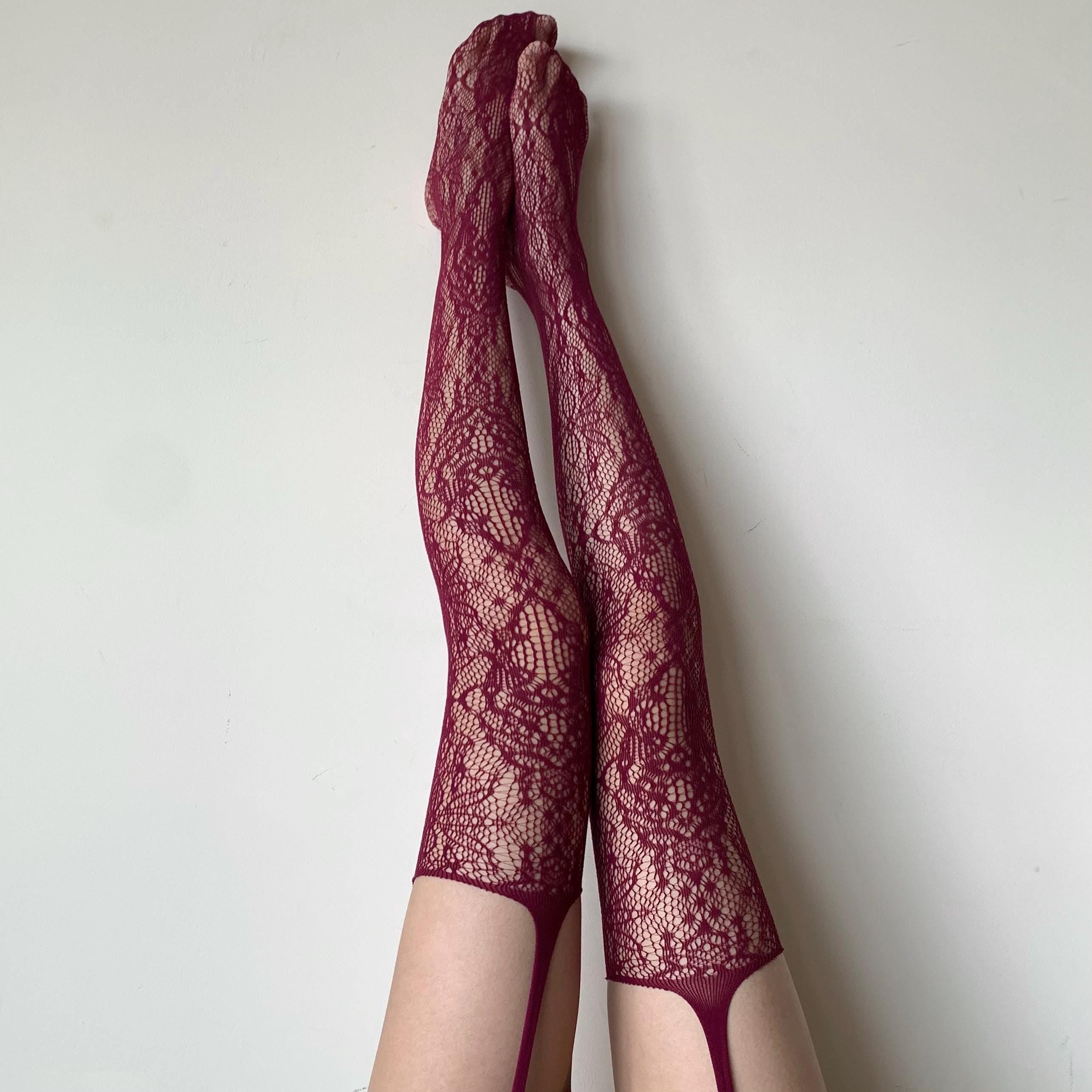 Burgundy Floral Fishnet Stockings with Flower Pattern - Rose Pattern Sexy Suspender Tights with Lace Waistband