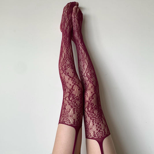 Burgundy Floral Fishnet Stockings with Flower Pattern - Rose Pattern Sexy Suspender Tights with Lace Waistband