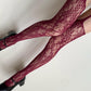 Burgundy Floral Fishnet Stockings with Flower Pattern - Rose Pattern Sexy Suspender Tights with Lace Waistband