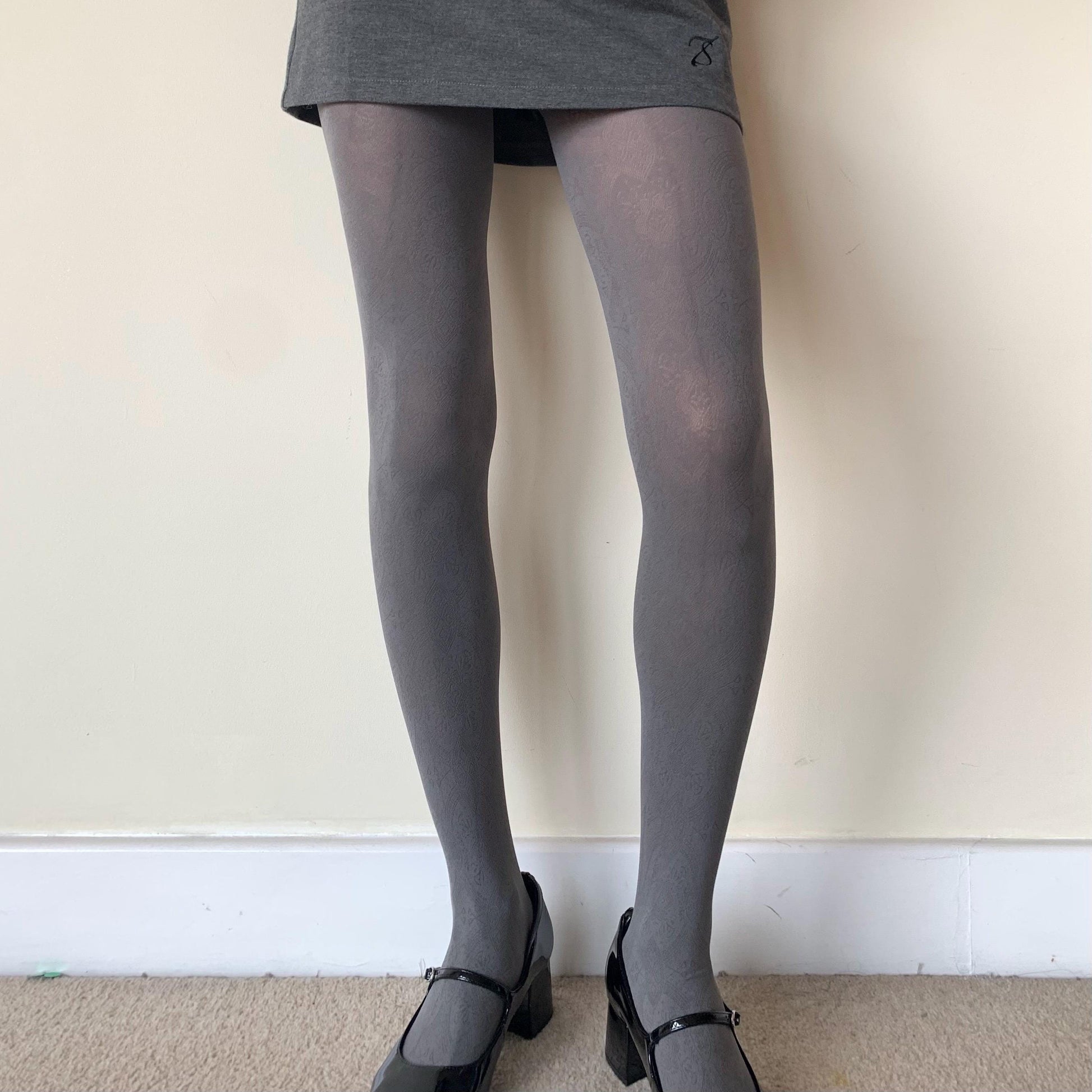 Grey Velvet Opaque Tights with Antique Pattern