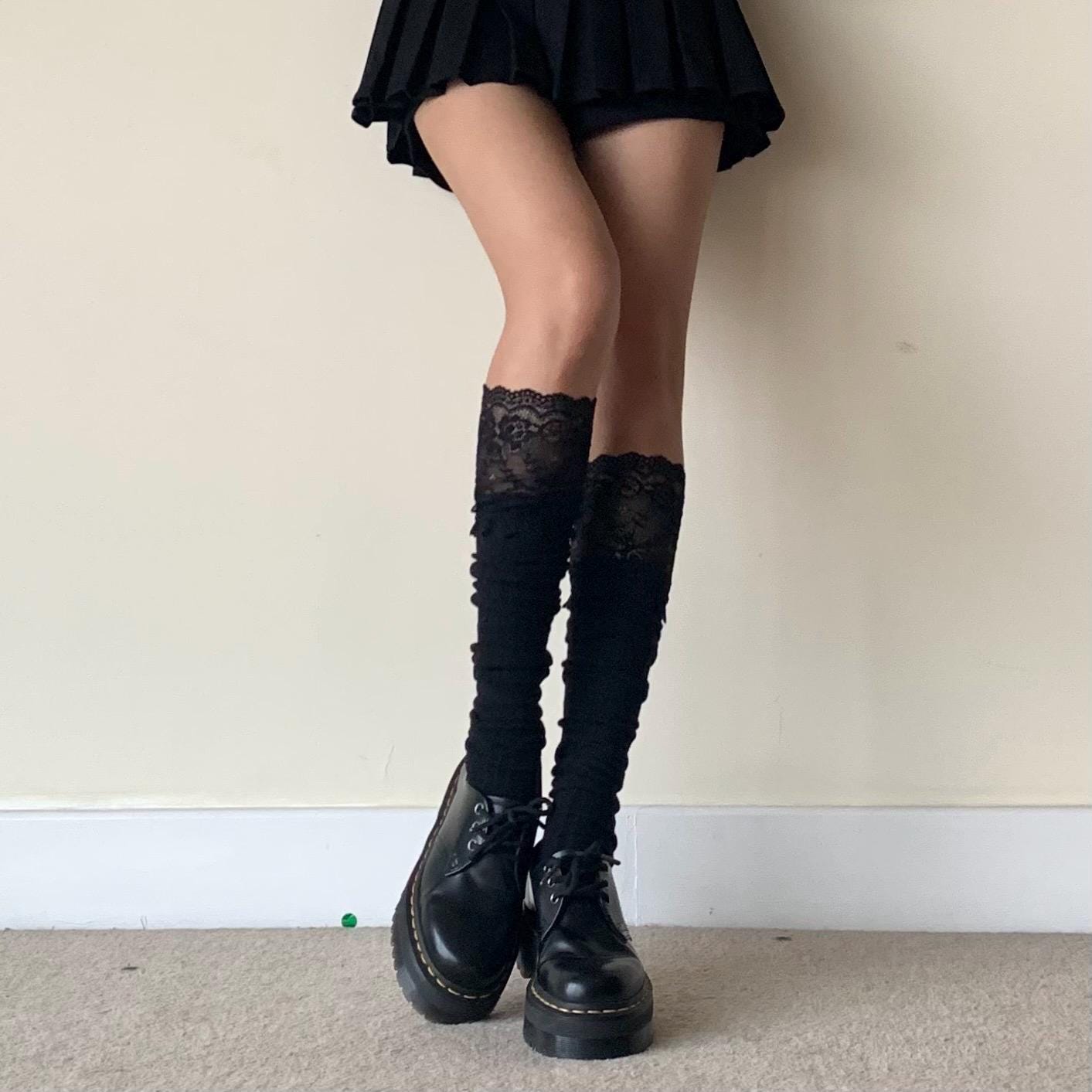 Black Knee-High Cotton Socks with Floral Lace Trim