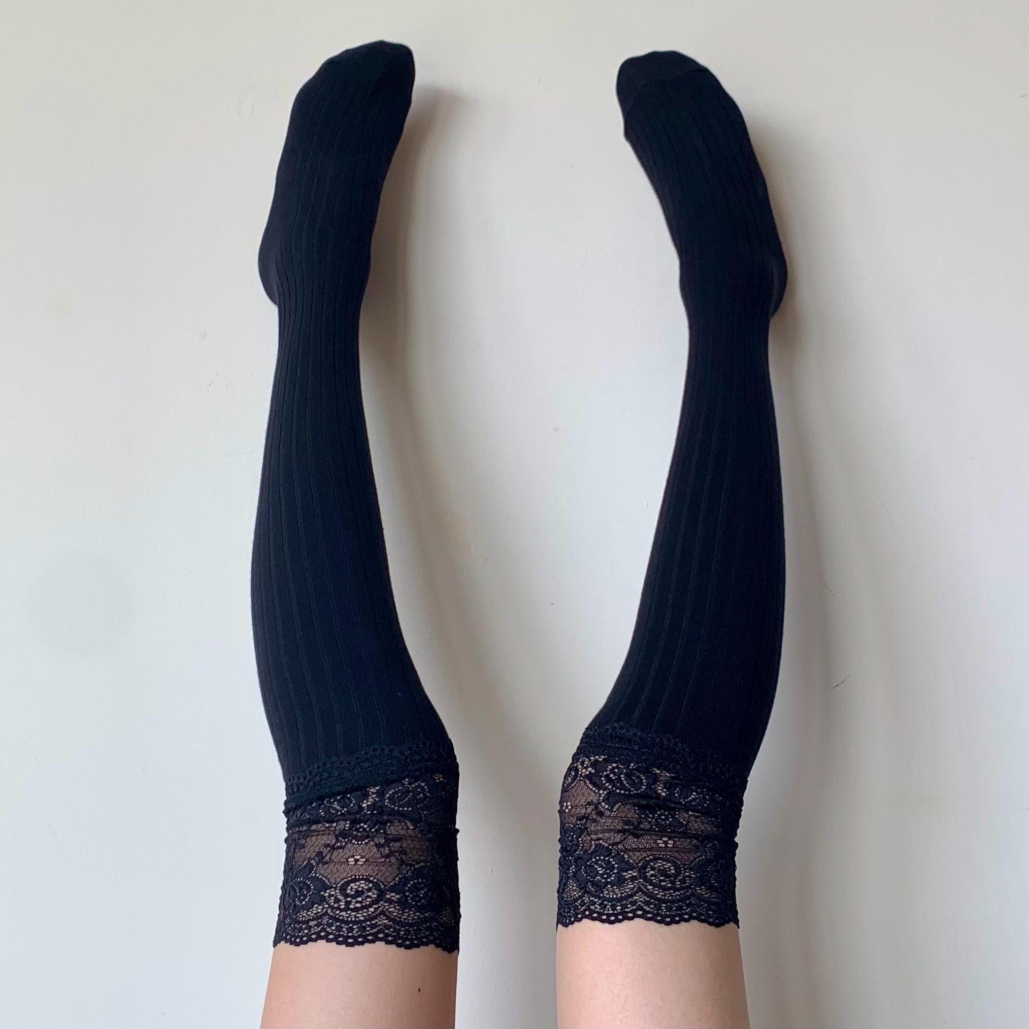 Black Knee-High Cotton Socks with Floral Lace Trim