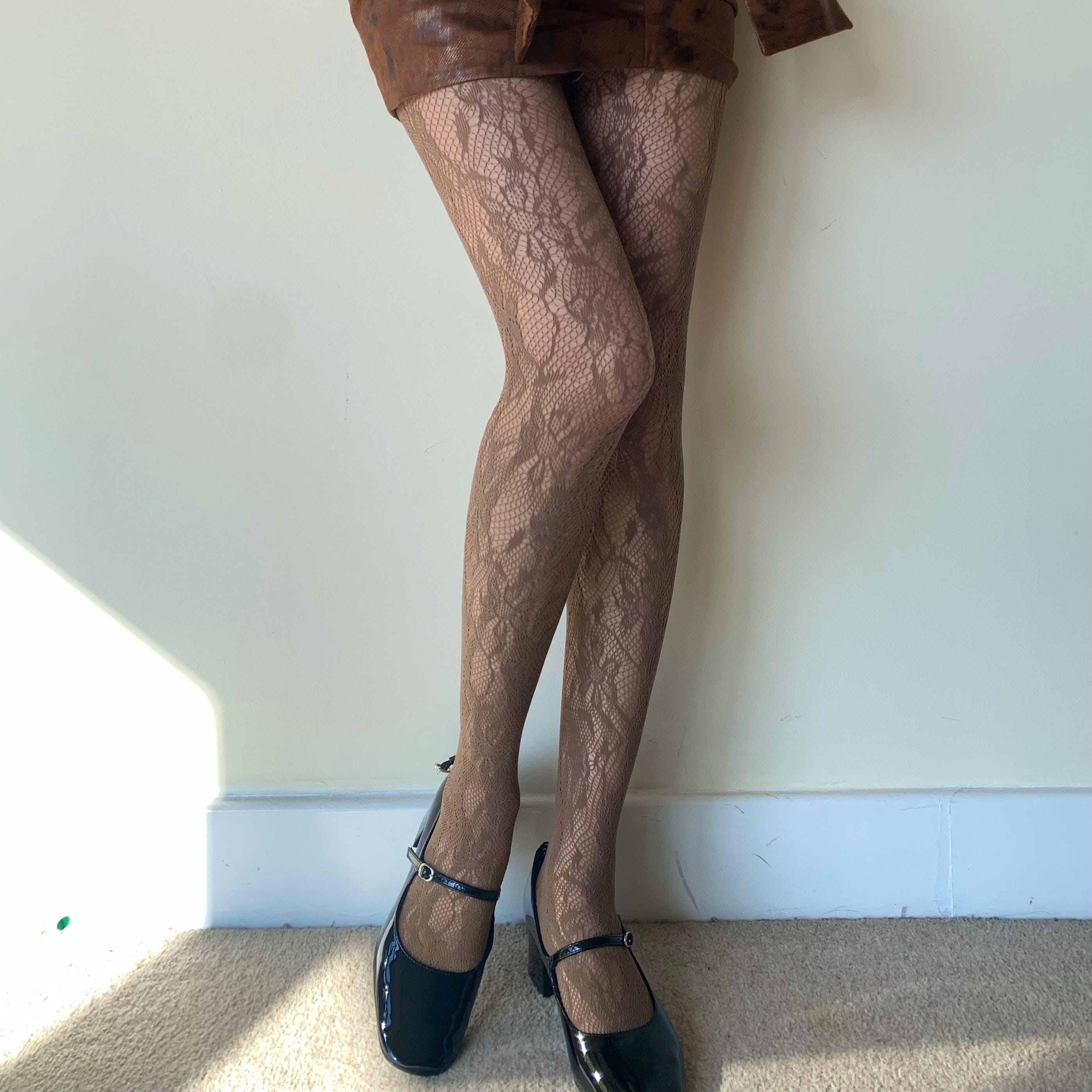 Brown Floral Pattern Fishnet Tights